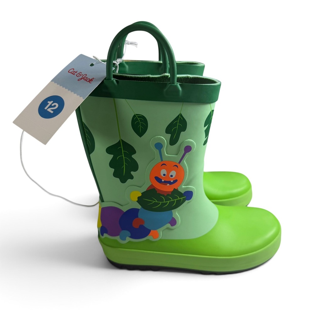 Cat & Jack Toddler Green Caterpillar Rain Boots Size 12 Pull On Waterproof